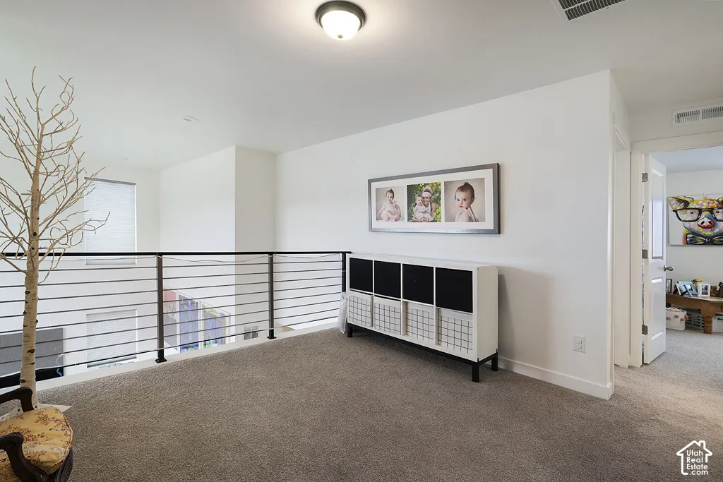 Interior landing area featuring neutral carpeting, a metal cable railing system, and a flush-mount ceiling light fixture