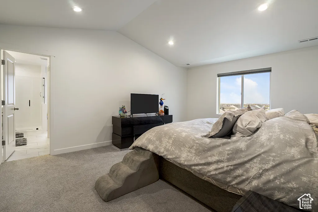Vaulted ceilings, neutral carpeting, recessed lighting, and a single-pane window with a light-filtering roller shade