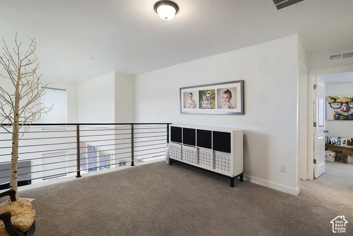 Interior landing area featuring neutral carpeting, a metal cable railing system, and a flush-mount ceiling light fixture