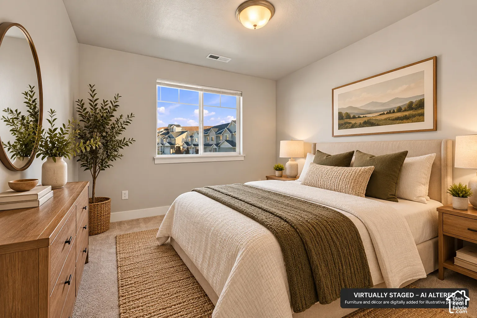 Neutral-toned room featuring wall-to-wall carpeting, a dual-pane window with a grid pattern, and a flush-mount ceiling light fixture