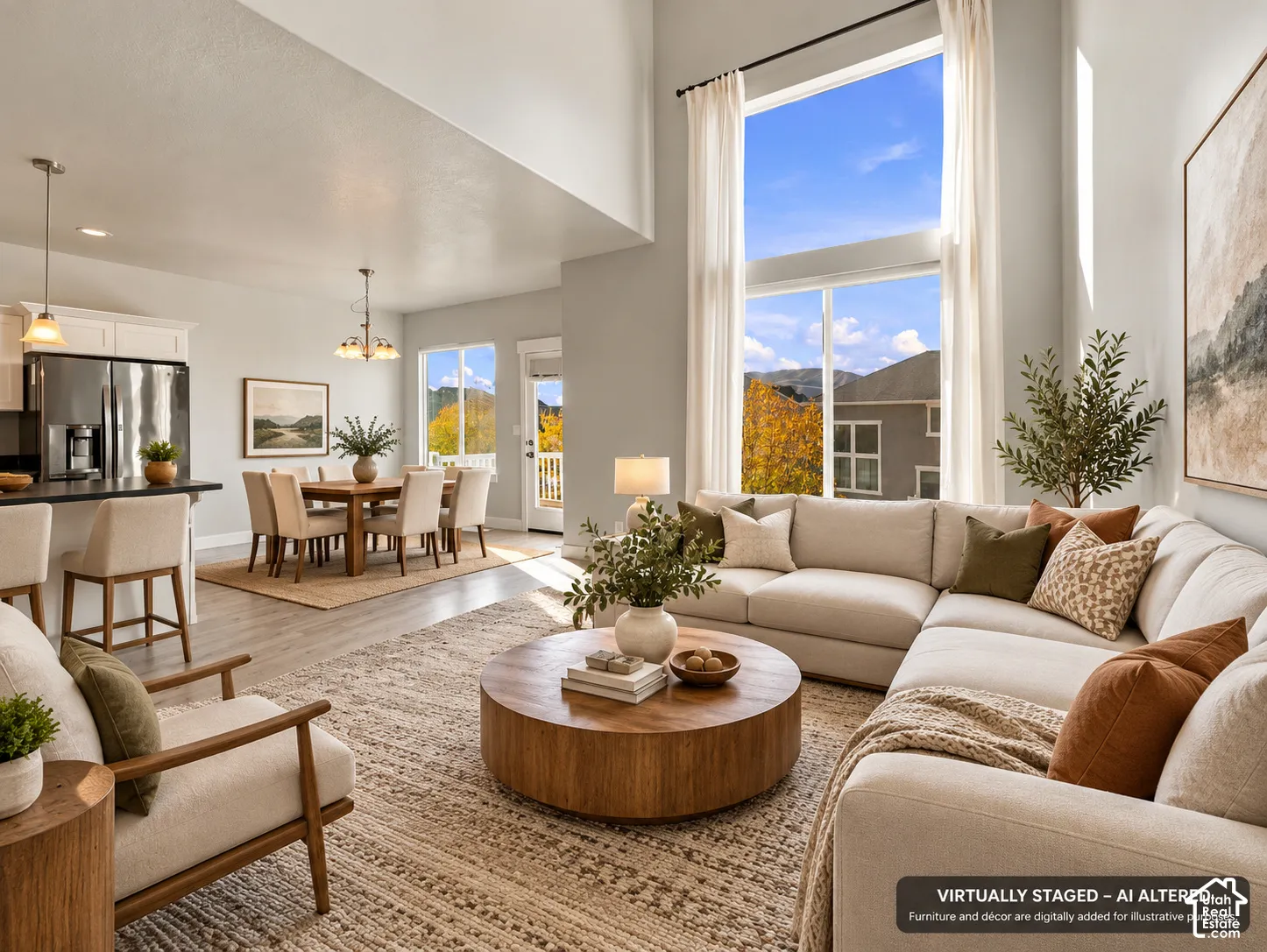 Expansive interior space featuring vaulted ceilings, floor-to-ceiling windows, wood-finish flooring, and recessed lighting