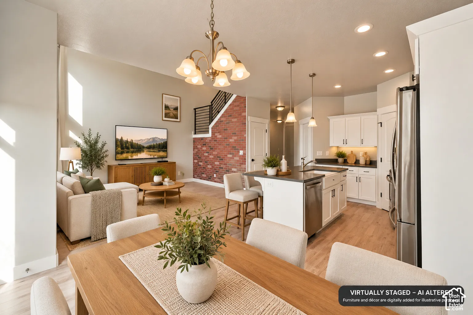 Open-concept interior featuring wood-finish flooring, a kitchen island with stone countertops, a farmhouse-style sink, and an exposed brick accent wall