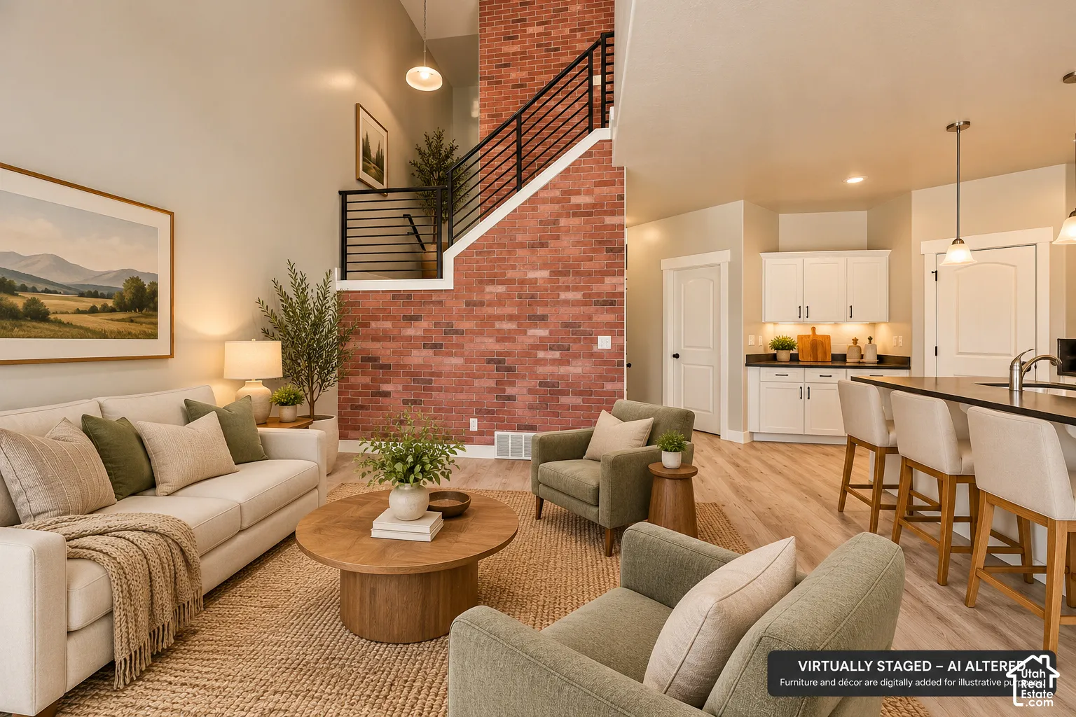 Open-concept interior featuring a floor-to-ceiling red brick accent wall, staircase with matte black metal railings, wood-finish flooring, and white kitchen cabinetry with dark countertops