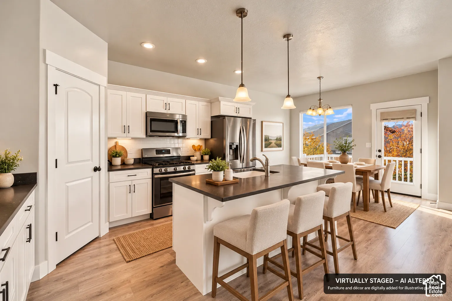 Kitchen featuring white shaker-style cabinetry, a contrasting dark countertop island with an integrated sink, stainless steel appliances, recessed ceiling lighting, and wood-finish flooring
