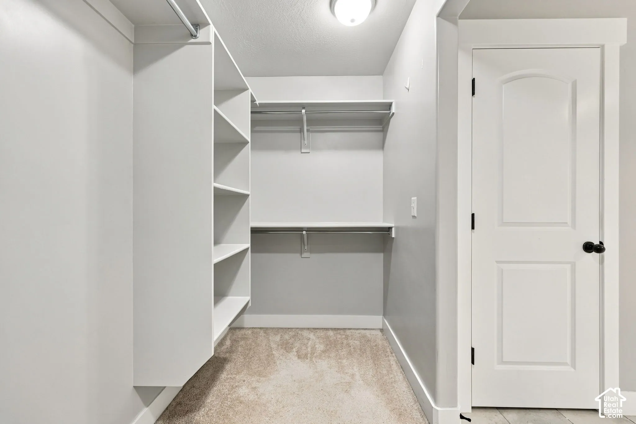 Walk-in closet featuring white built-in shelving, dual-tier metal rods, carpeted flooring, and a solid-core panel door with matte black hardware