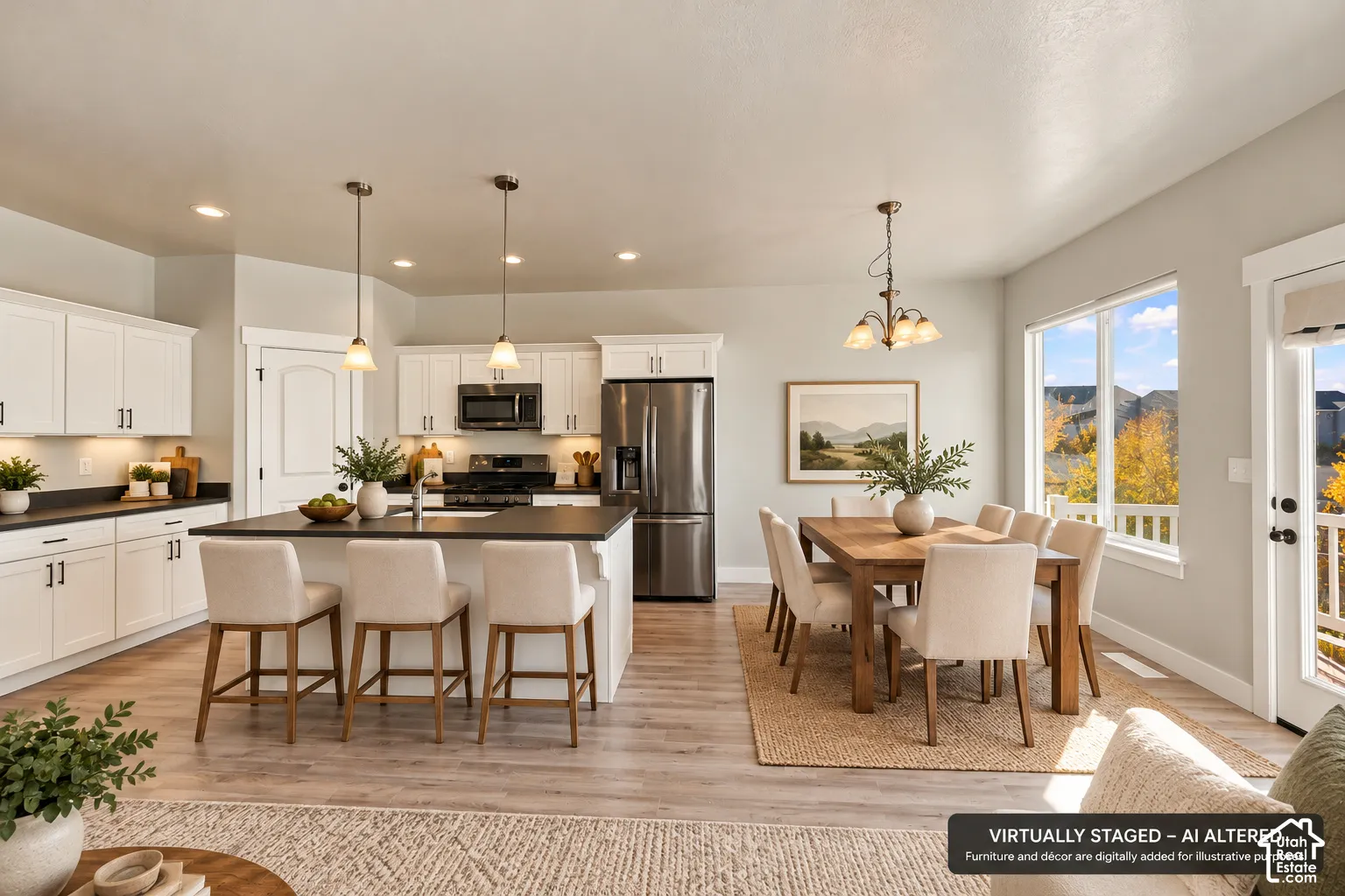 Kitchen featuring white cabinetry, dark countertops, an island with pendant lighting, stainless steel appliances, and wood-finish flooring