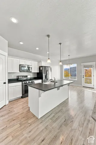 Kitchen featuring white shaker-style cabinetry, dark stone-finish countertops, stainless steel appliances, a center island with undermount sink, and wood-finish flooring