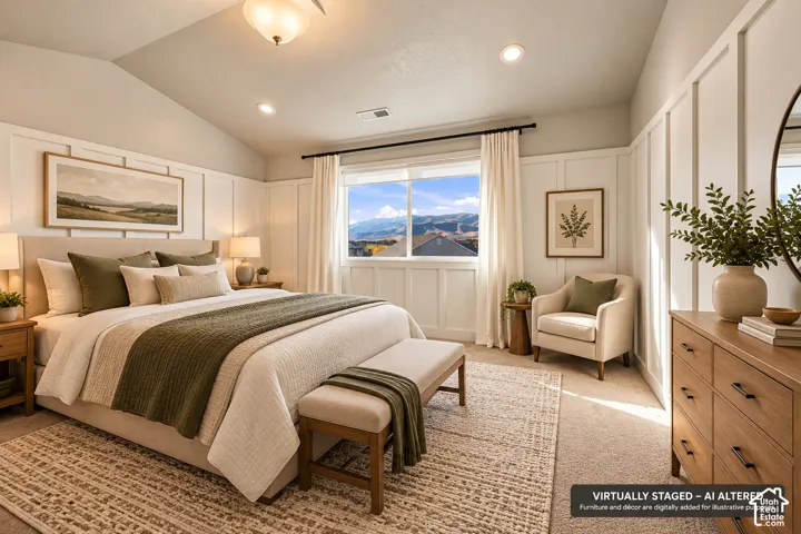 Vaulted ceilings, board-and-batten wall detailing, recessed lighting, and expansive window with mountain scenery