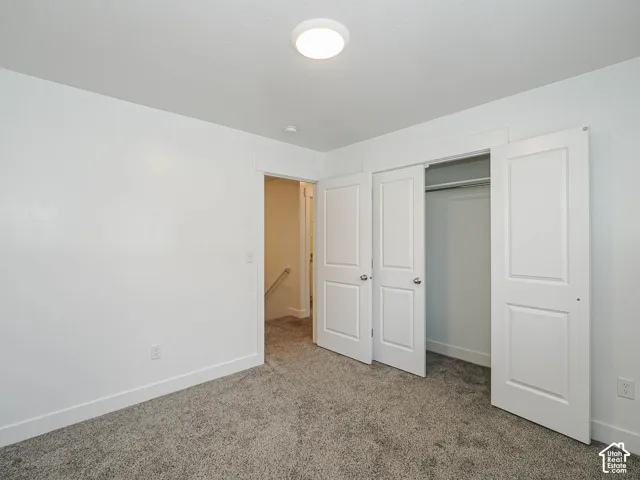 Neutral-toned carpeting, white walls, flush-mount ceiling lighting, and double-door closet with built-in shelving
