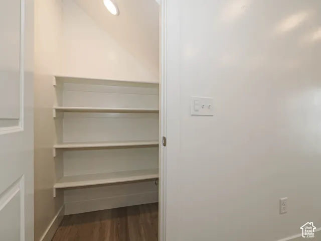 Walk-in storage space featuring built-in shelving, wood-finish flooring, and recessed ceiling lighting