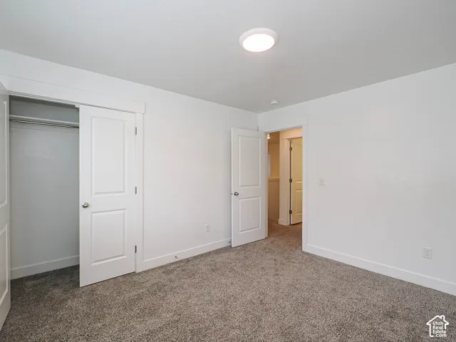 Neutral-toned wall-to-wall carpeting, clean white wall finish, interior closet with hanging rod, and two-panel interior doors with brushed metal hardware
