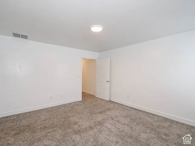 Interior space featuring neutral-toned carpeting, white walls, a flush-mount ceiling light fixture, and a white two-panel interior door