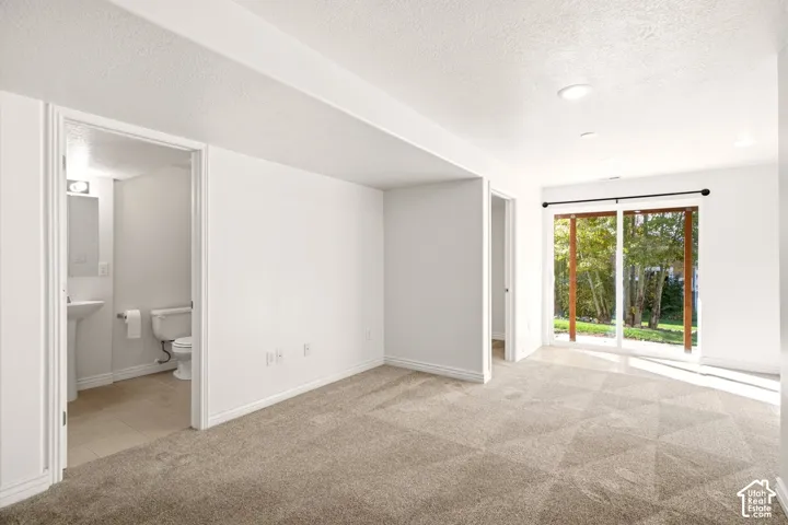 Room featuring neutral wall-to-wall carpeting, recessed lighting, and sliding glass doors leading to exterior grounds