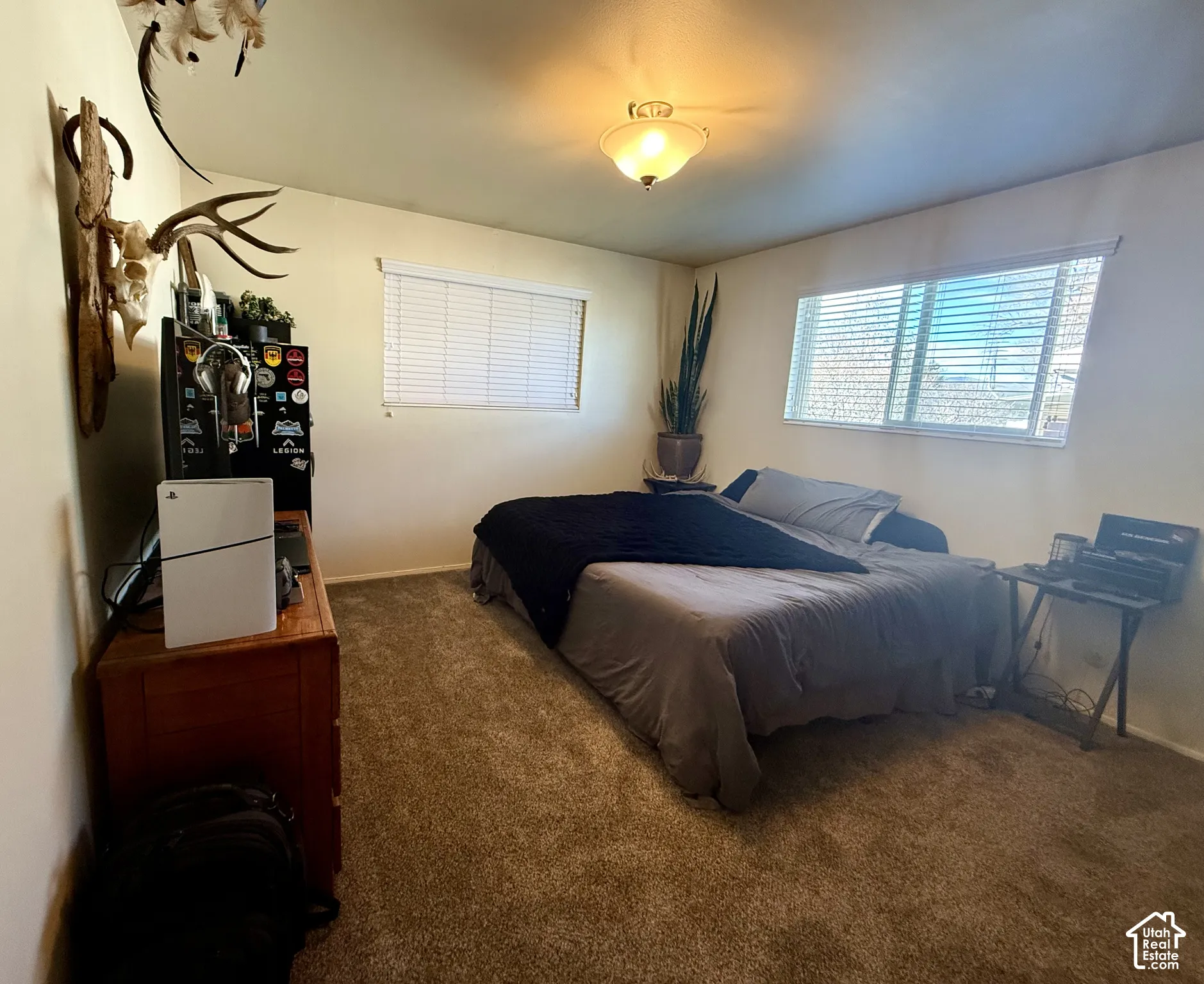 Neutral-toned carpeted room featuring dual-aspect windows with horizontal blinds and a central flush-mount ceiling fixture