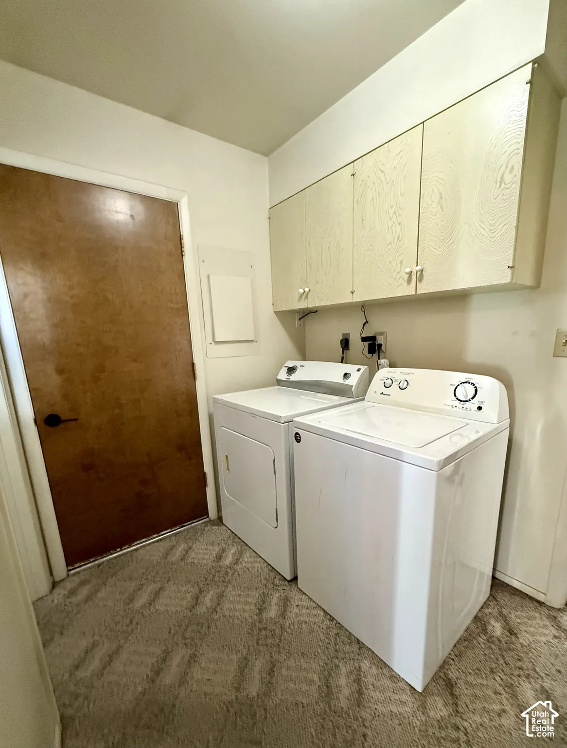 Laundry area featuring built-in wood-grain cabinetry, carpeted flooring, and door to backyard.