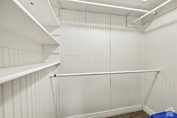 Storage area featuring vertical beadboard paneling, multiple levels of fixed shelving, and a horizontal metal hanging rod