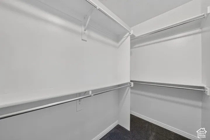 Walk-in storage space featuring dual-level shelving and integrated garment rods