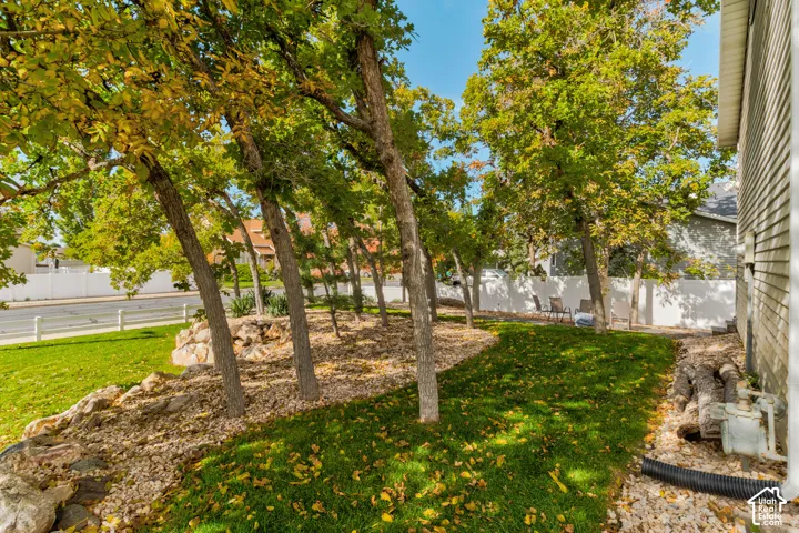 Side yard featuring mature trees, rock landscaping, green grass, and a white vinyl fence