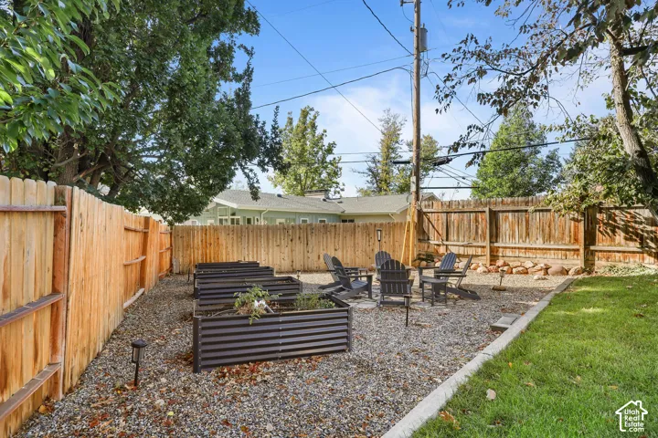 Backyard featuring a wood privacy fence, gravel ground cover, raised metal garden beds, and a concrete mowing strip bordering a lawn area