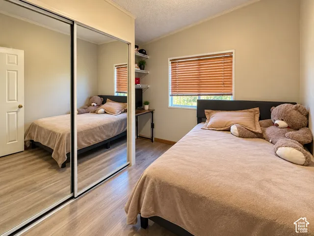 Room featuring wood-finish flooring, floor-to-ceiling mirrored closet doors, a window with horizontal blinds, and built-in wall shelving