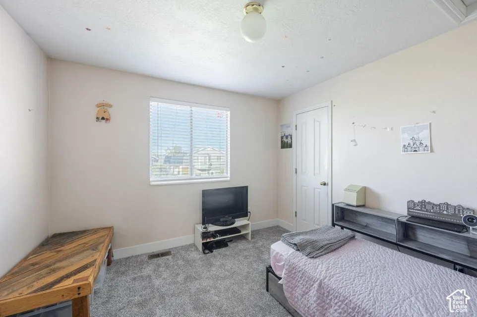 Neutral-toned room featuring neutral wall-to-wall carpeting, a single-panel interior door, and a horizontal window with integrated blinds