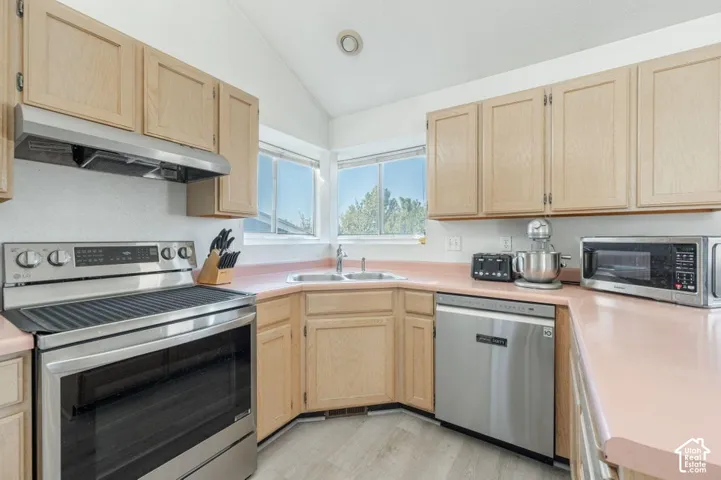 Kitchen featuring light-tone wood cabinetry, stainless steel appliances, dual-basin sink, and light-toned solid-surface countertops