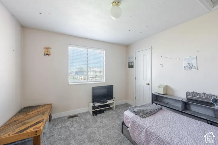 Neutral-toned room featuring neutral wall-to-wall carpeting, a single-panel interior door, and a horizontal window with integrated blinds