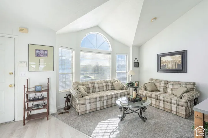 Vaulted ceiling featuring an arched transom window and multi-pane windows with horizontal blinds