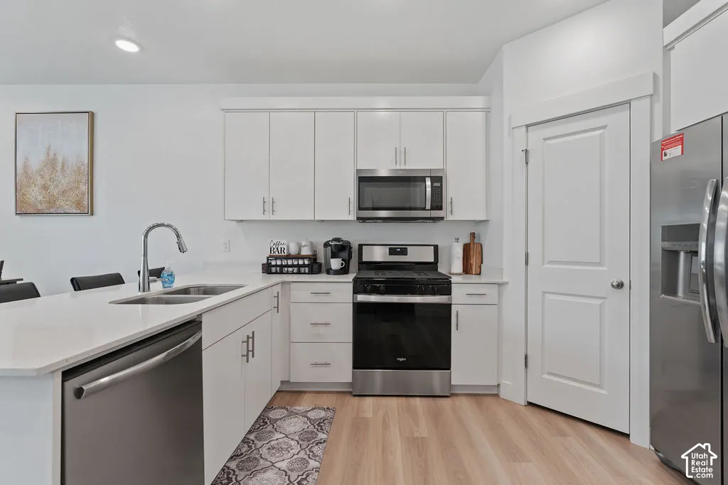 Kitchen featuring white cabinetry, solid-surface countertops, wood-finish flooring, stainless steel appliances, and a double-basin under-mount sink