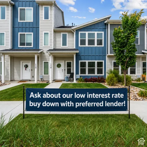 Multi-story townhome exterior featuring blue vertical siding, horizontal lap siding, and expansive multi-pane windows