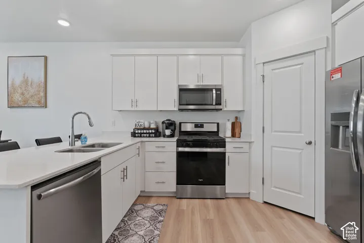 Kitchen featuring white cabinetry, solid-surface countertops, wood-finish flooring, stainless steel appliances, and a double-basin under-mount sink