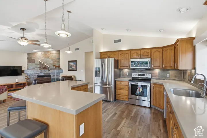 Kitchen featuring wood cabinetry, solid-surface countertops, stainless steel appliances, wood-finish flooring, and a stone-clad fireplace