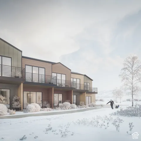 Contemporary multi-story exterior featuring metal vertical siding, horizontal lap siding, second-level railed balconies, and floor-to-ceiling glass sliding doors
