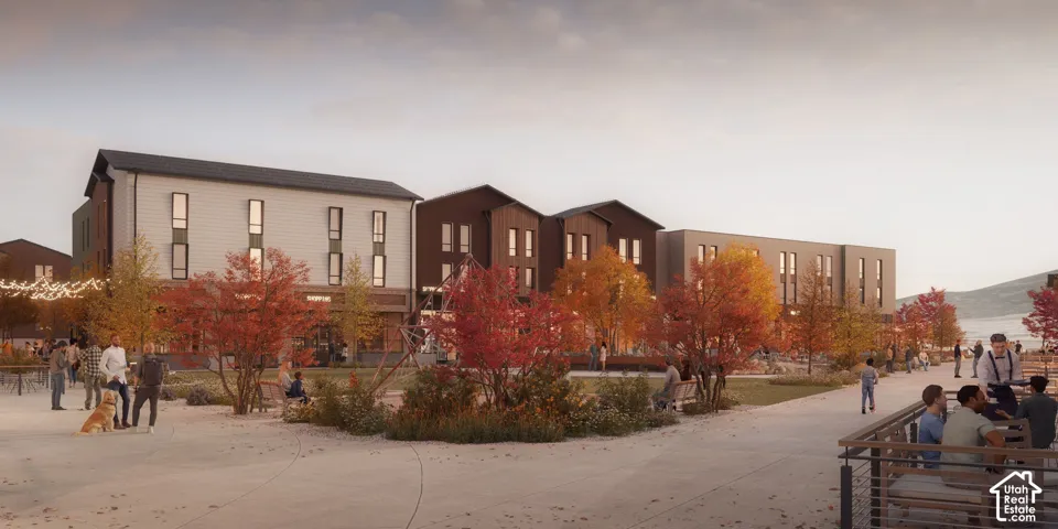 Multi-story architectural exteriors featuring mixed material siding, vertical window arrays, metal roofing, pedestrian pathways, and integrated landscaping