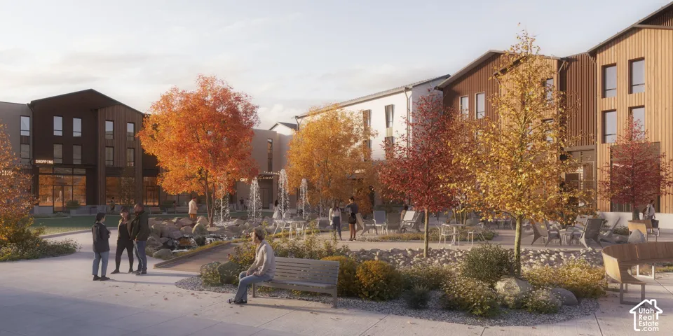 Community courtyard featuring water fountains, natural stone hardscaping, mature trees, and built-in wood-finish bench seating