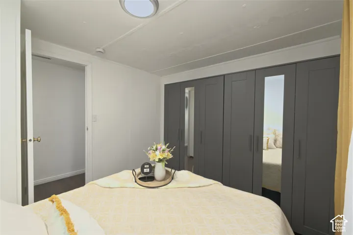 Wall-to-wall built-in cabinetry featuring shaker-style doors, integrated mirror panels, and dark-tone finish