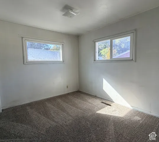 Interior space featuring wall-to-wall carpeting, neutral-toned walls, and dual sliding windows with white frames
