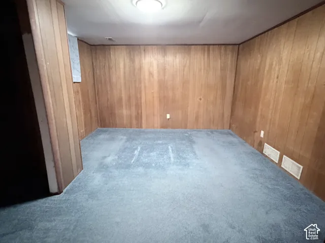 Interior space featuring wood-paneled walls, carpet flooring, and a flush-mount ceiling light