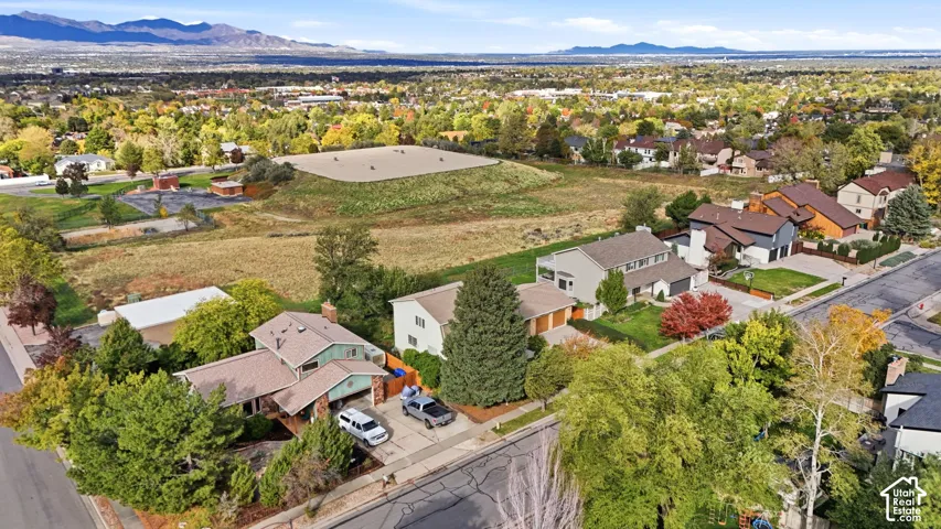 Aerial perspective of the residential property featuring multi-pitched rooflines, expansive lot size, mature tree canopy, and mountain range backdrop