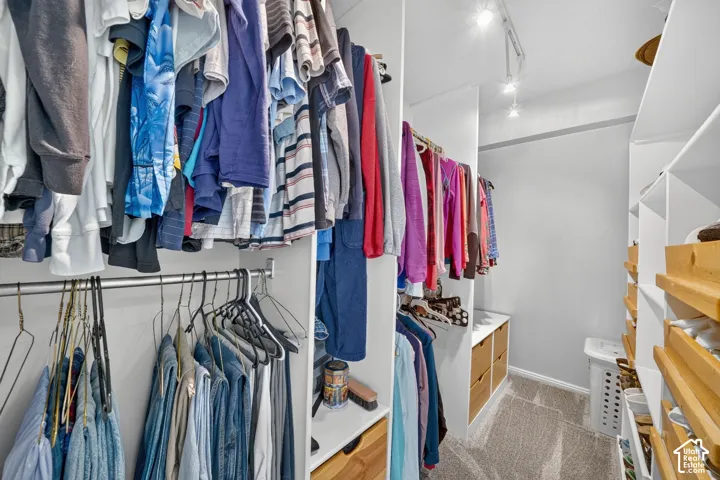 Walk-in closet featuring white custom built-in shelving, integrated hanging rods, wood-tone drawer storage, and adjustable track lighting