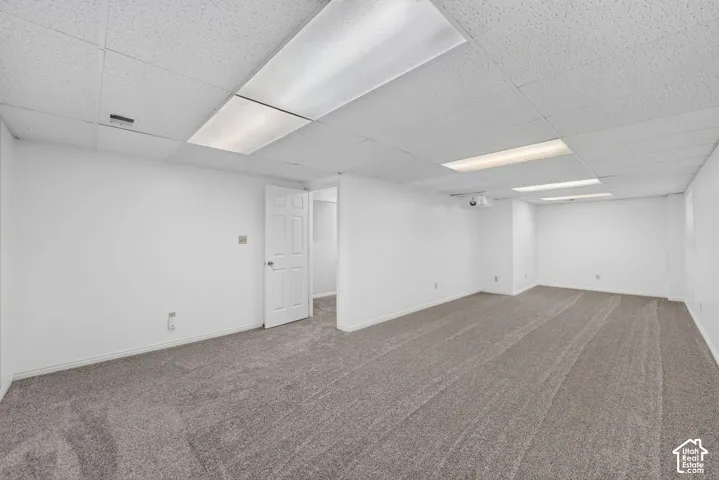 Expansive interior space featuring neutral wall-to-wall carpeting, recessed ceiling tiles, and integrated rectangular light fixtures