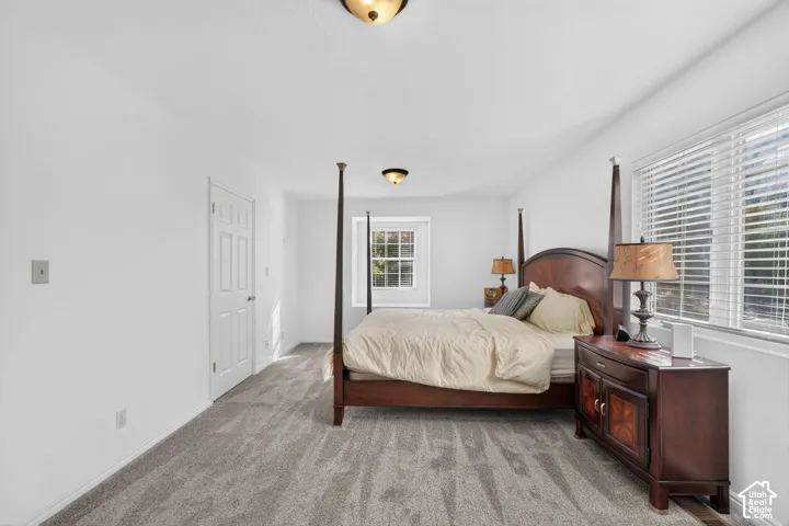 Neutral interior space featuring wall-to-wall carpeting, dual flush-mount ceiling light fixtures, a multi-pane window with white horizontal blinds, and a solid-core interior door