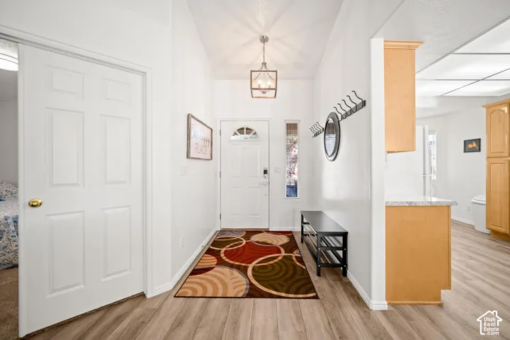 Entryway featuring a white exterior door with a glass inlay, wood-finish flooring, a geometric pendant light fixture, and mounted wall hooks