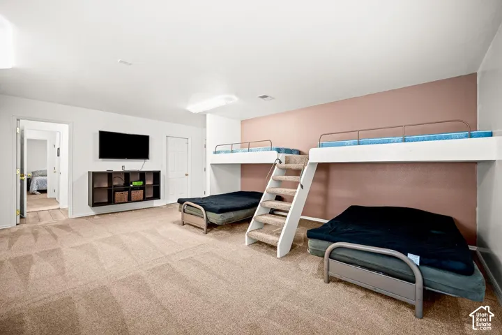 Expansive room featuring wall-to-wall carpeting and built-in wall-mounted shelving