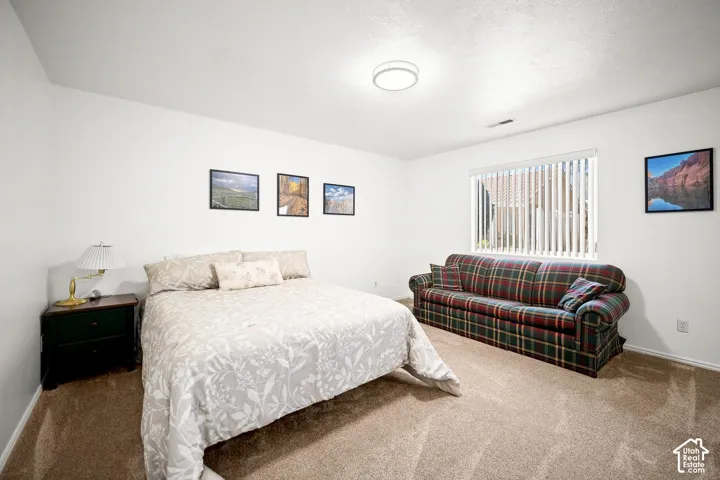 Neutral-toned wall-to-wall carpeting, flush-mount ceiling lighting, and vertical window blinds