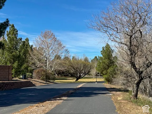 Paved walking path featuring decorative street lamps, bordered by mature trees and a grass-covered expanse