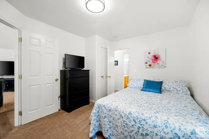 Room featuring neutral carpeting, white interior doors, a double-door reach-in closet, and a flush-mount ceiling light fixture