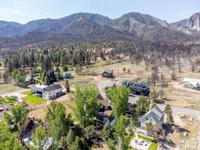 Aerial perspective featuring mountain topography, mature coniferous trees, expansive open land, and established residential infrastructure