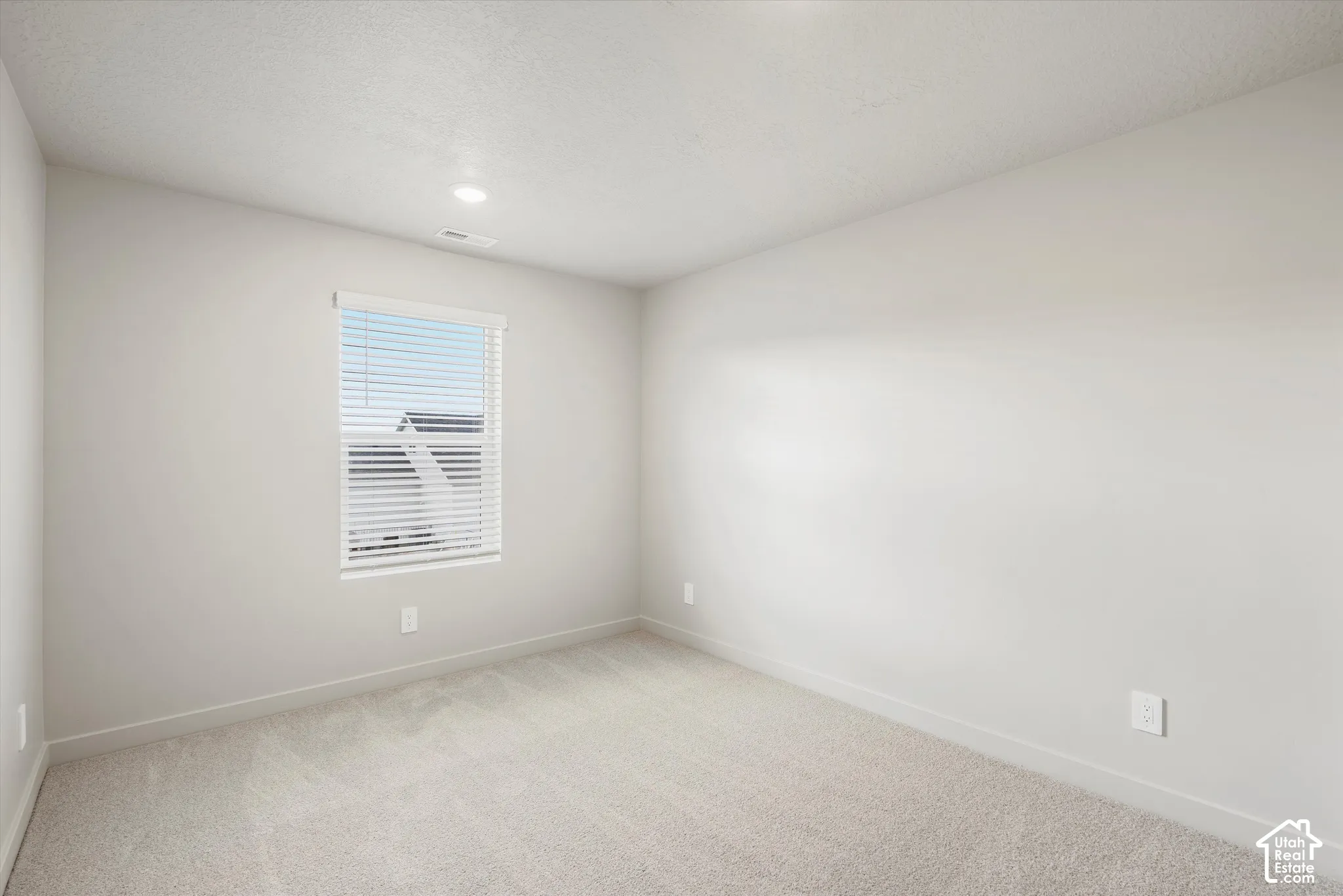 Neutral-toned interior space featuring wall-to-wall carpeting, light-colored wall finish, and a window with horizontal blinds