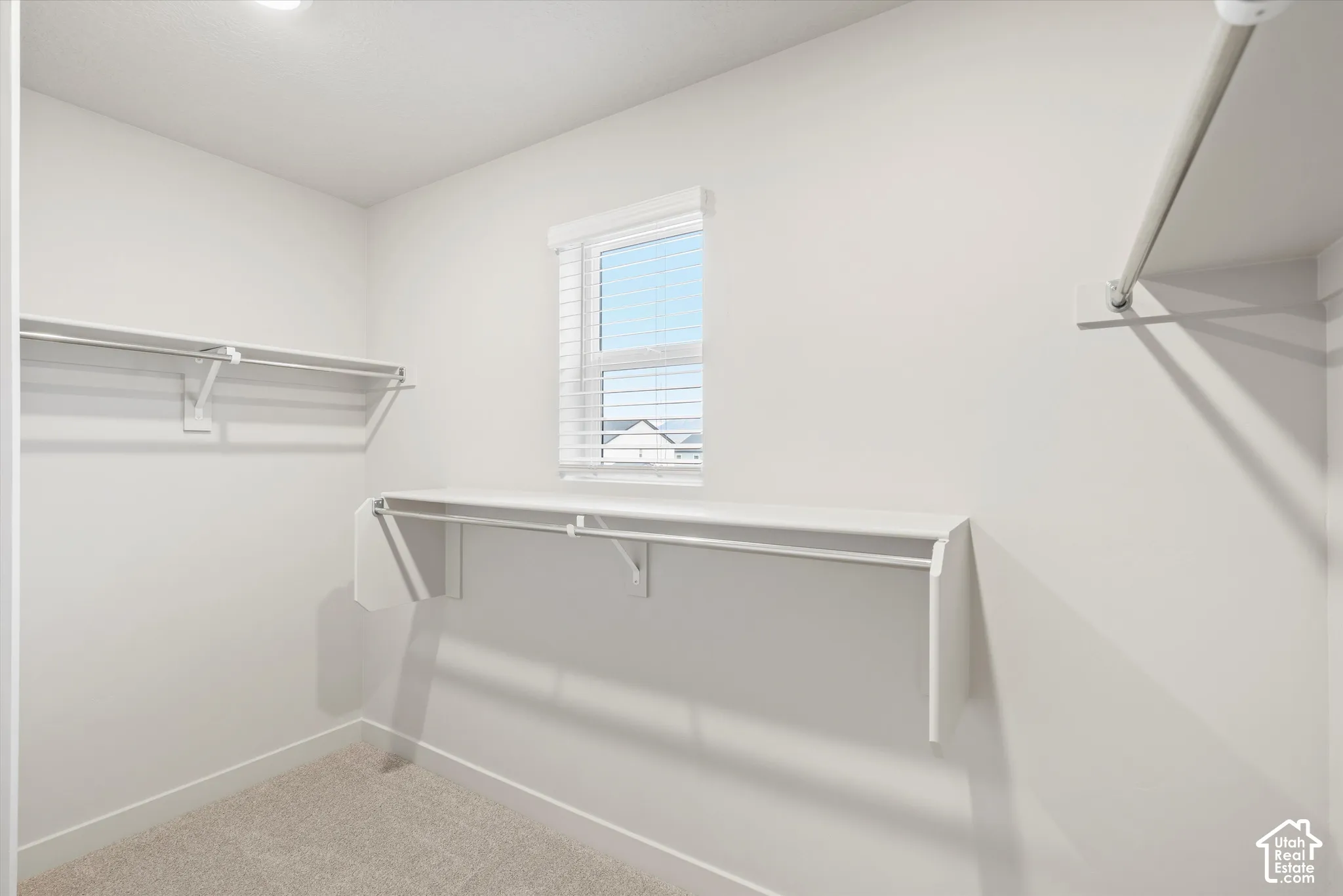 Walk-in closet featuring neutral carpeting, white walls, tiered built-in shelving, metal hanging rods, and a window with horizontal blinds